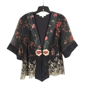 SPENCER ALEXIS PETITES Black CREPE CHIFFON Floral & Lace KIMONO JACKET TOP XLP